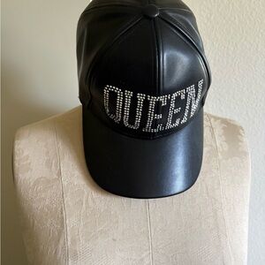 Black Leather Cap with Rhinestone 'QUEEN'